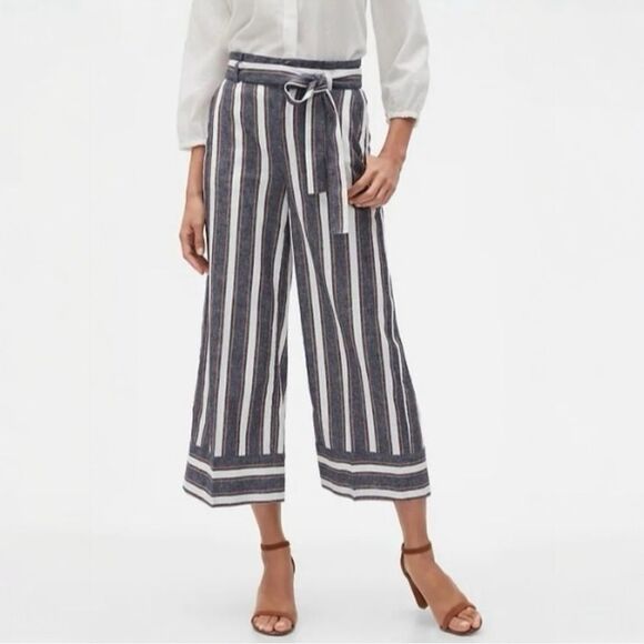 Banana Republic Blake Linen Cropped Pants Size 4 Wide Leg Gray White Tan Stripe - Picture 1 of 14